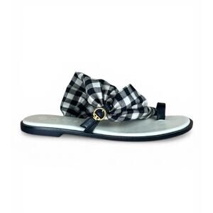Tory Burch Selby Scarf Sandal Black White Gingham Satin Toe Ring Slide Size 6.5